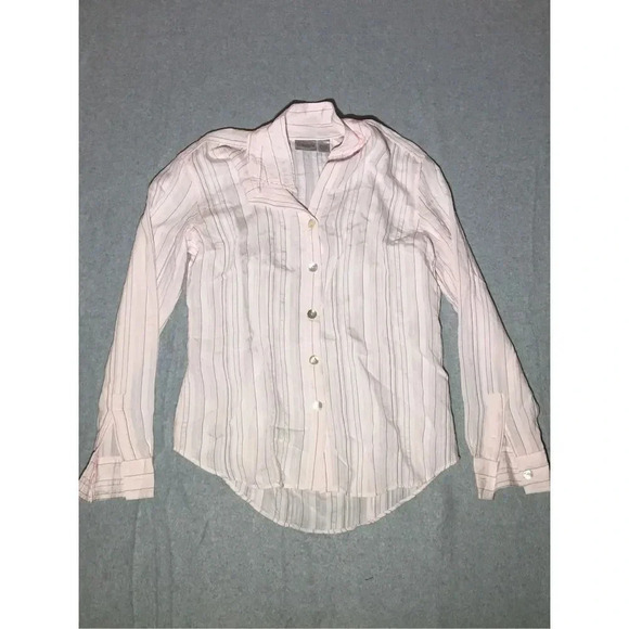 Womens Chico’s Button Up Shirt Size 1 Pink Striped Lightweight Over Shirt Basic - Picture 1 of 1